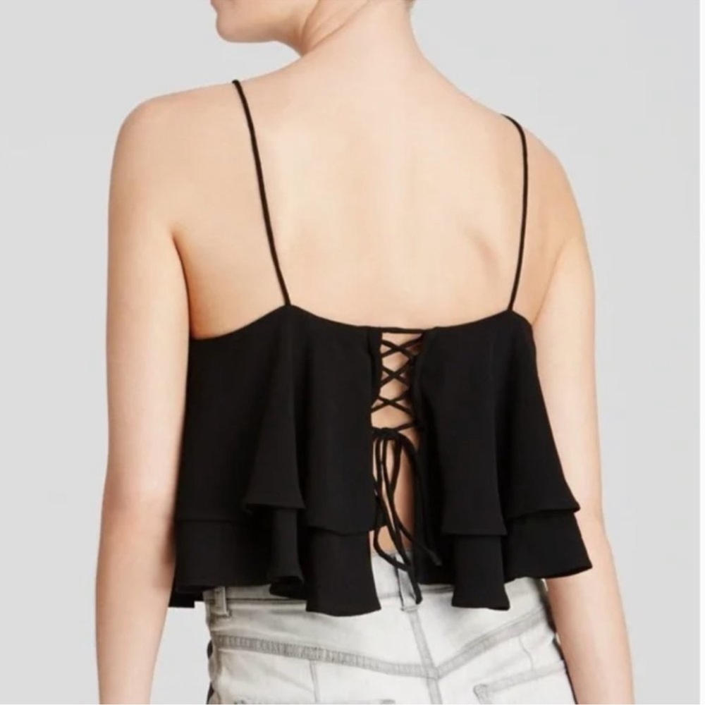 Free People Tropical Wave tie Back Ruffle Layered Crop Top Black - Picture 2 of 3